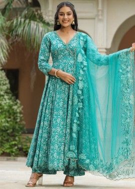 Blue Printed Anarkali Suit Set In Cotton