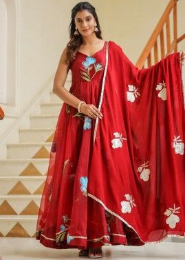 Red Floral Printed Anarkali Suit Set