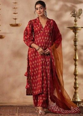 Maroon Readymade Cotton Pant Suit In Digital Print