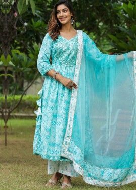 Turquoise Digital Printed Cotton Readymade Anarkali Suit