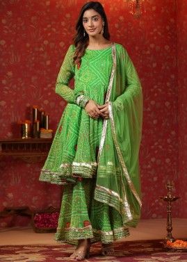 Green Readymade Printed Flared Style Chiffon Sharara Suit