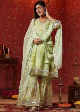 Pastel Green Readymade Printed Chiffon Gharara Suit