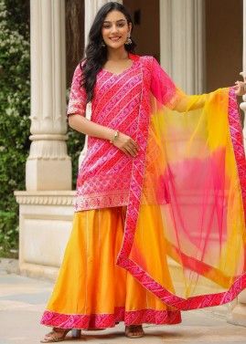 Pink Digital Printed Readymade Gharara Suit In Art Silk