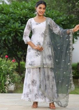 White Printed Readymade Gharara Suit In Georgette