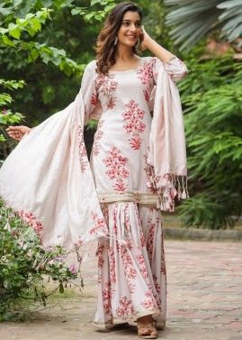 Wafer Pink Printed Readymade Gharara Suit In cotton