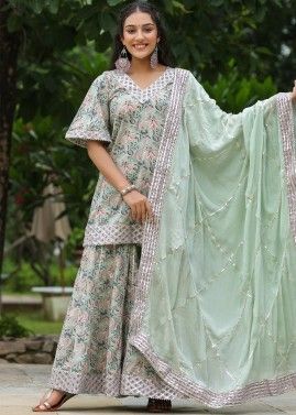 Sage Green Printed Readymade Cotton Gharara Suit