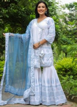 White Printed Readymade Gharara Suit In Cotton