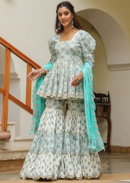 Off White Printed Readymade Gharara Suit In Cotton