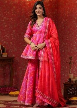 Pink Readymade Printed Chiffon Gharara Suit Set