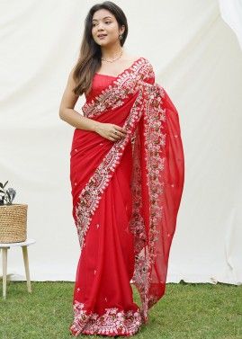 Red Thread Embroidered Georgette Saree