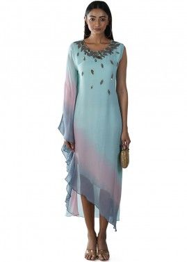Blue and Pink Shaded Hand Embroidered Kaftan