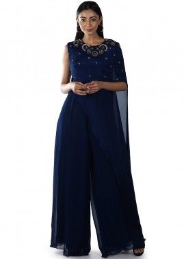 Readymade Navy Blue Hand Embroidered Cape Style Jumpsuit