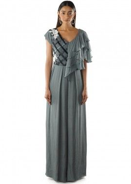 Grey Readymade Hand Embroidered Cape Style Jumpsuit
