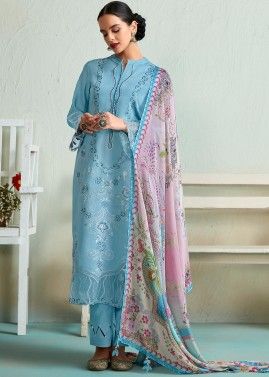 Blue Embroidered Pant Suit Set In Cotton