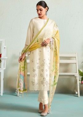 Cream Embroidered Pant Suit Set In Cotton