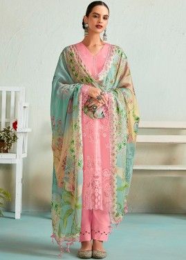 Pink Embroidered Pant Suit Set In Cotton