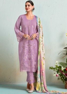 Purple Embroidered Pant Suit Set In Cotton