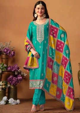 Turquoise Embroidered Chiffon Pant Suit