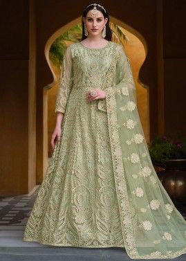 Green Dori Embroidered Net Anarkali Suit