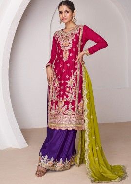 Readymade Pink Embroidered Palazzo Suit In Chiffon