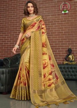 Yellow Silk Saree In Floral Print