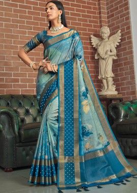 Blue Floral Printed Saree & Blouse