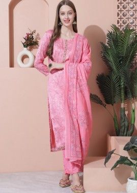 Pink Satin Pant Suit In Digital Print