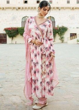 Pink Readymade Digital Printed Chiffon Anarkali Suit Set