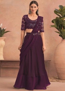 Purple Embroidered Saree In Art Silk
