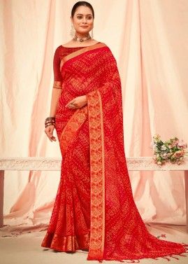 Red Bandhej Printed Saree In Georgette