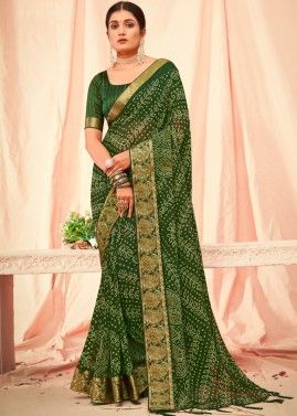 Green Georgette Saree In Bandhej Print