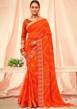 Orange Bandhej Printed Saree In Georgette