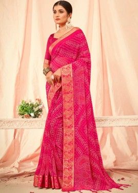 Pink Georgette Saree In Bandhej Print