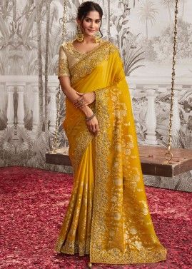 Yellow Embroidered Saree In Viscose Silk