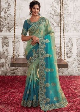 Blue & Green Shaded Zari Woven Saree In Viscose Silk