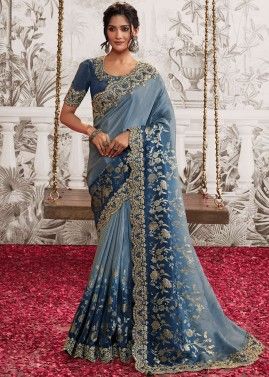 Blue Zari Woven Saree In Viscose Silk