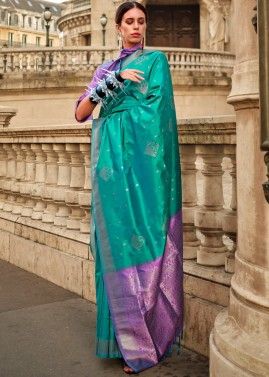 Turquoise Woven detailed Art Silk Saree