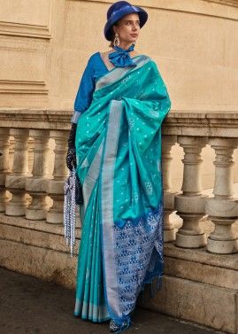 Turquoise Woven detailed Art Silk Saree