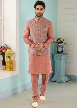 Kurta Pajama With Embroidered Nehru Jacket In Peach