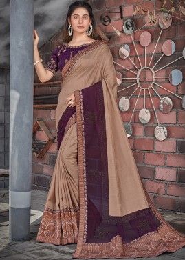 Brown Embroidered Saree In Tussar Silk