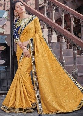 Yellow Embroidered Saree In Jacquard