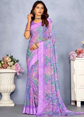 Purple Floral Printed Saree With Blouse