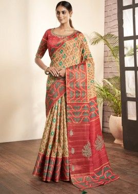 Red & Beige Printed Saree In Art Silk