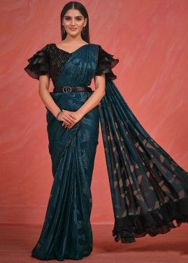 Teal Blue Embroidered Readymade Saree In Satin Silk