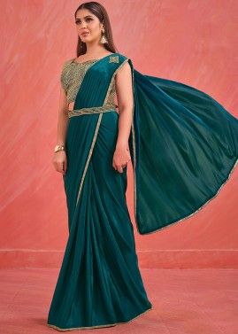 Teal Blue Embroidered Readymade Saree In Crape