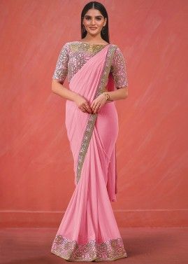 Pink Readymade Stone Embellished Saree In Net