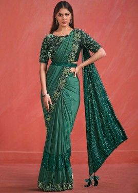 Grey Embroidered Readymade Saree In Lycra