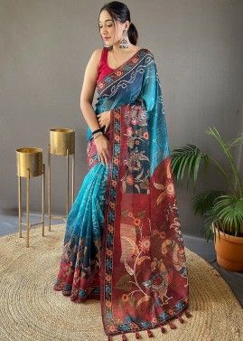 Blue Digital Printed Saree In Tussar Silk