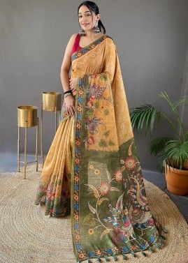 Yellow Digital Printed Saree In Tussar Silk