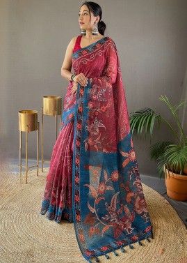 Maroon Digital Printed Saree In Tussar Silk